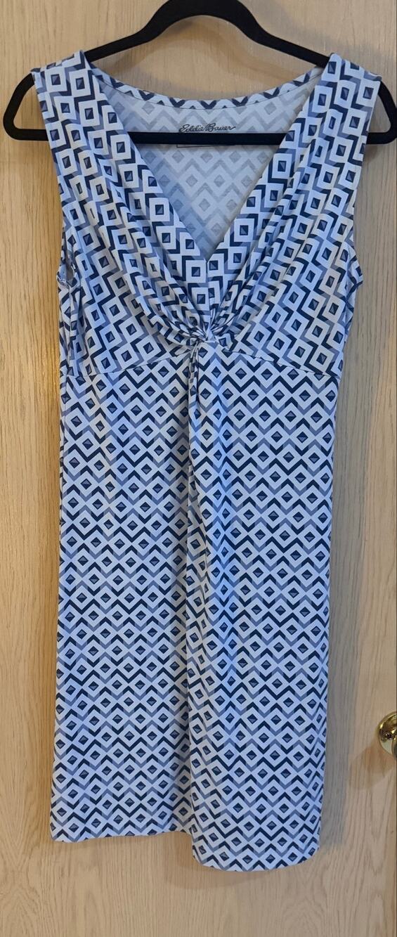 Eddie Bauer Blue White Geometric Twist Front Dress Size M